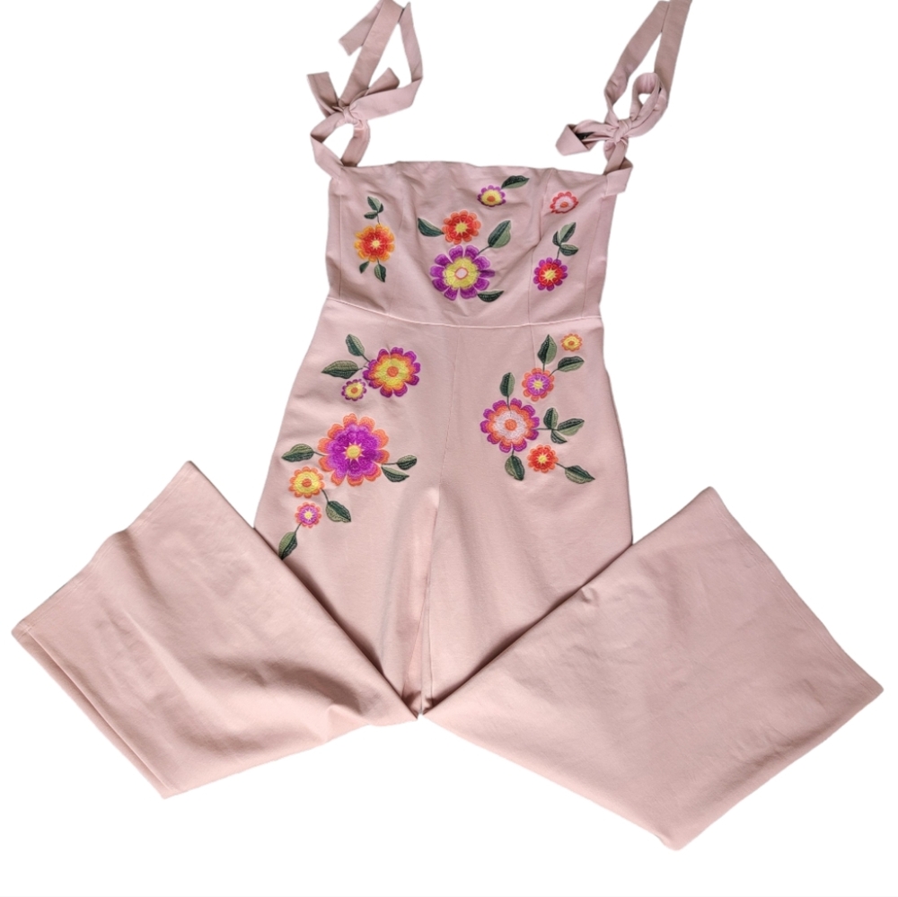 Guaraxez Exitosa Rose Jumpsuit Wide Leg Embroidered Romper Pink Boho Wom… - Picture 15 of 17